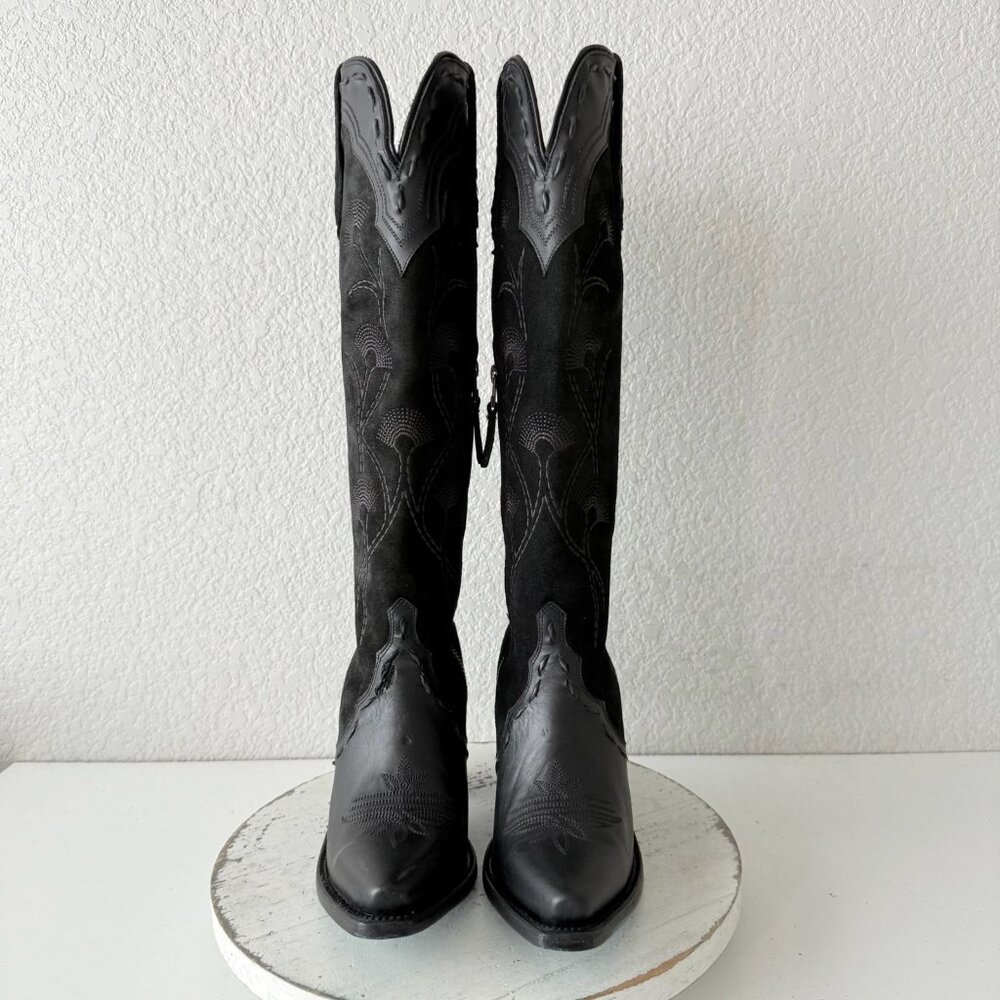 Lane Tessa Knee High Black Suede & Leather Snip Toe Cowboy Boots Women’s 6 - Picture 6 of 16